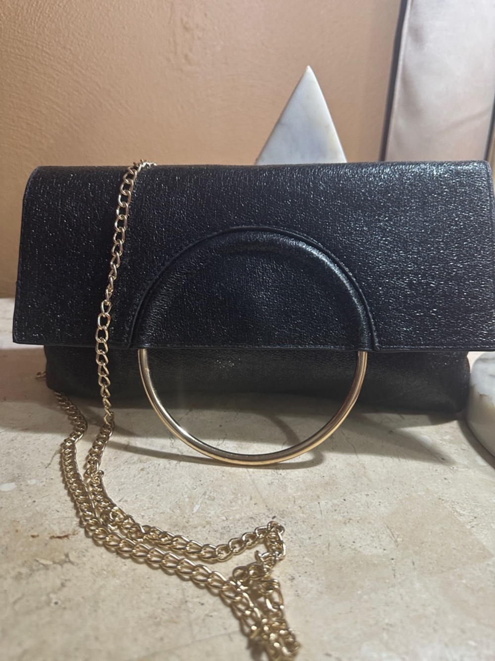 Black Women's Crossbody Clutch with Gold Ring Handle